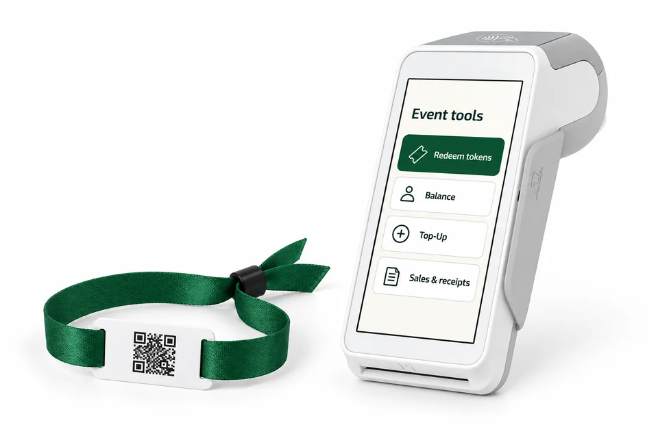 White payment terminal beside a green fabric wristband with a flat white rectangular tag