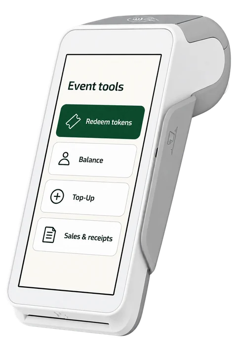 White Android payment terminal showing Redeem tokens, Balance, Top-Up, and Sales & receipts